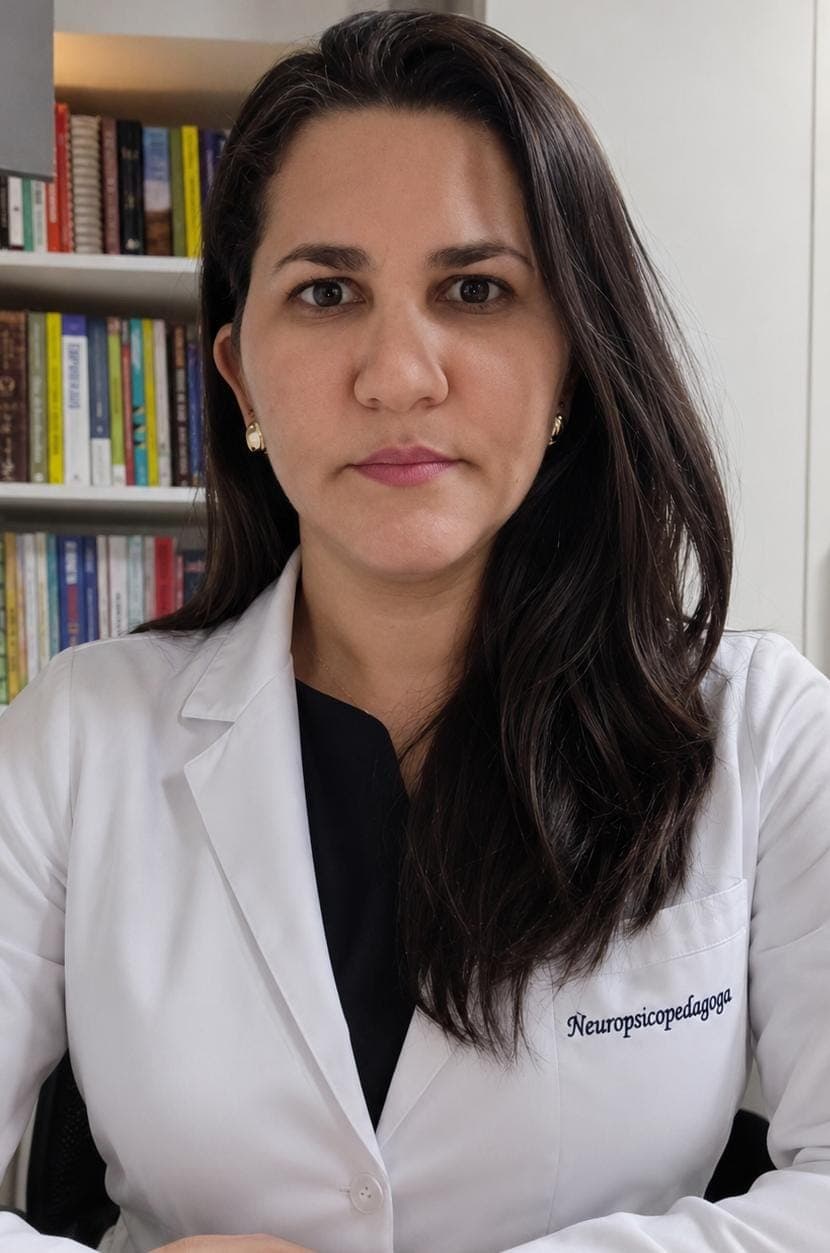 Flávia Oliveira — Neuropsicopedagoga, de jaleco branco em seu consultório