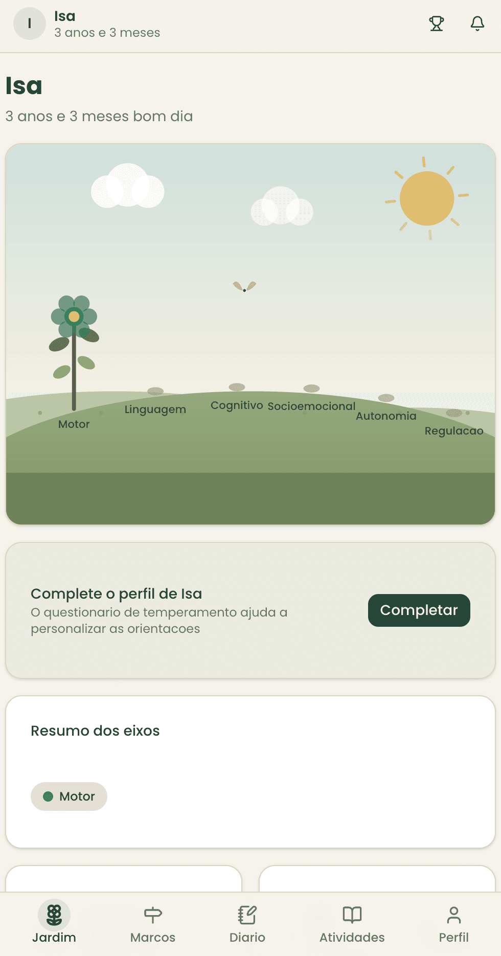 Tela do Jardim do Florir, onde uma planta representa cada área do desenvolvimento