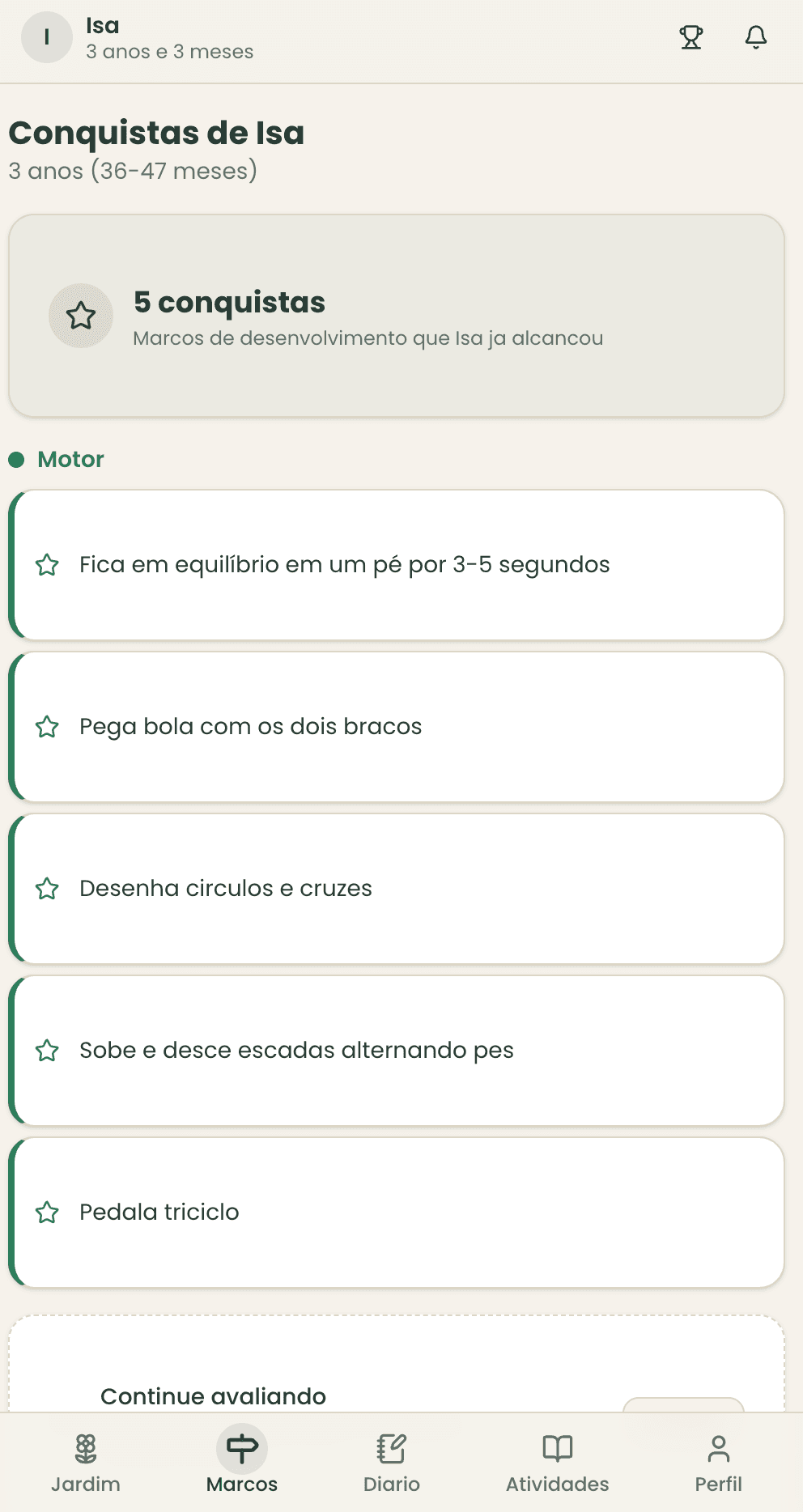 Tela de Marcos do Florir, listando as conquistas já alcançadas pela criança