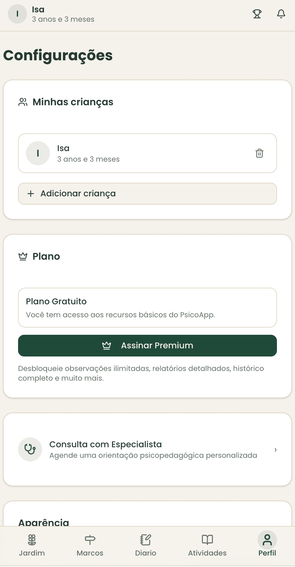 Tela de Configurações do Florir, com o acesso à consulta com especialista